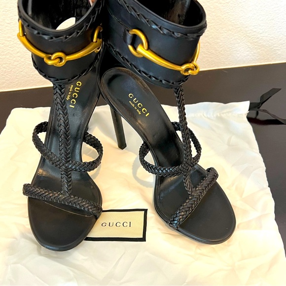 Gucci Black Leather & Gold Horse Bit Ankle Cuff Stiletto Heel Gladiator Sandal - Picture 2 of 15